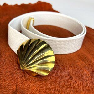 Vintage Dotty Smith Gold Shell Belt Buckle & White Faux Leather Snakeskin Belt